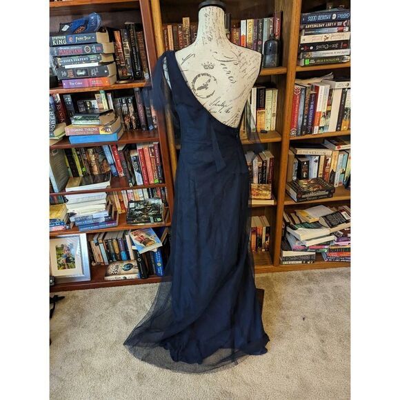 BCBGMAXAZRIA one shoulder blue high-low silk mesh metallic paint dress sz 8 euc - Picture 2 of 7